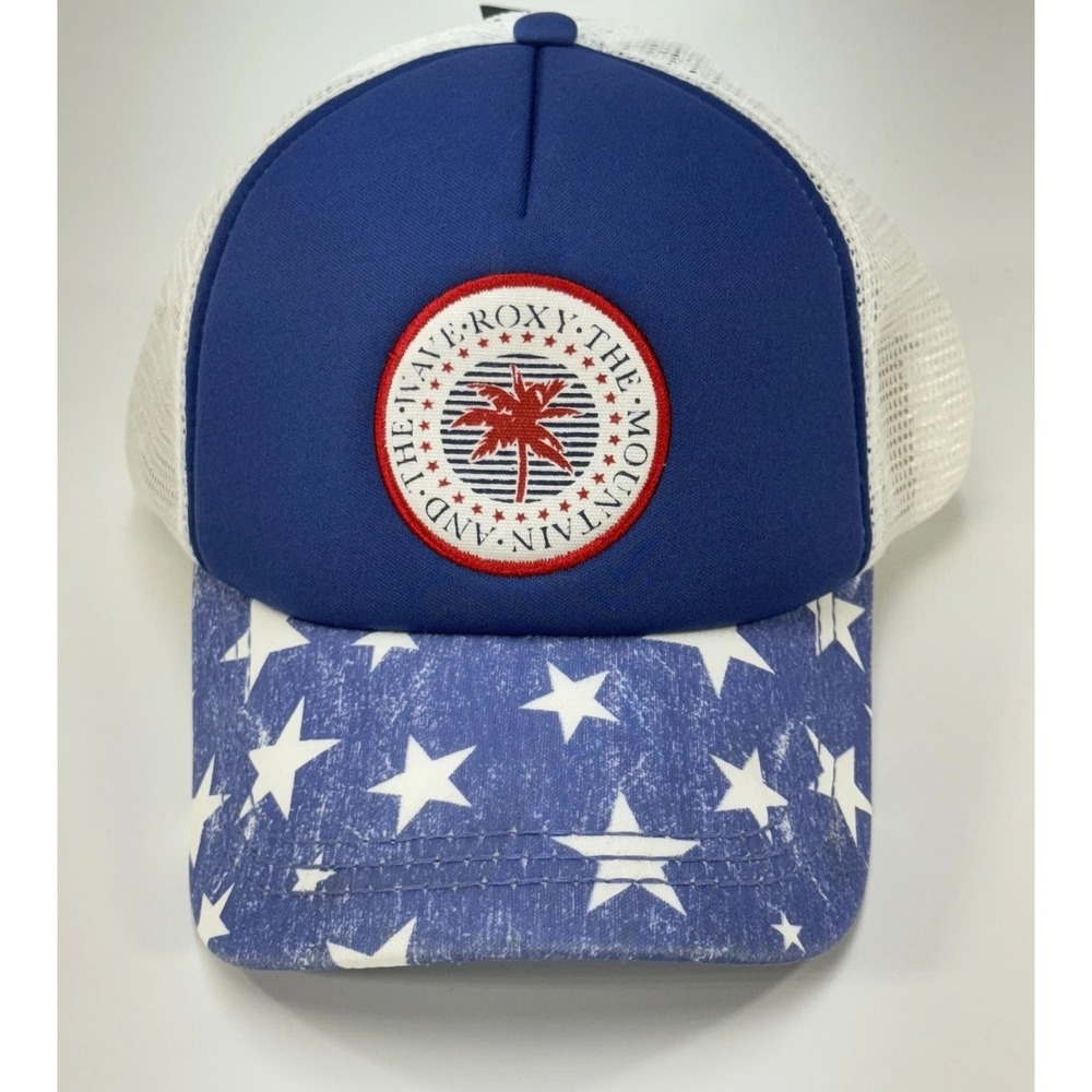 Roxy Hat Cap Snap Back Blue White Mesh Trucker Star Print Patch Womens One Size